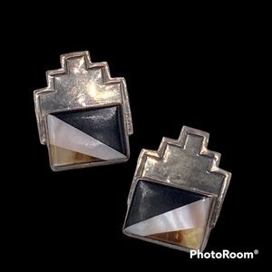 Vintage Southwestern Inlaid Stone Sterling Pierced Earrings